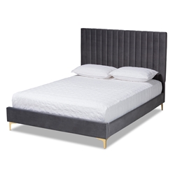 Baxton Studio Serrano Contemporary Glam and Luxe Grey Velvet Fabric Upholstered and Gold Metal King Size Platform Bed